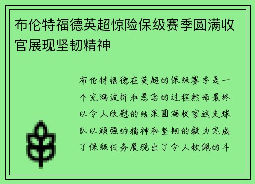 布伦特福德英超惊险保级赛季圆满收官展现坚韧精神